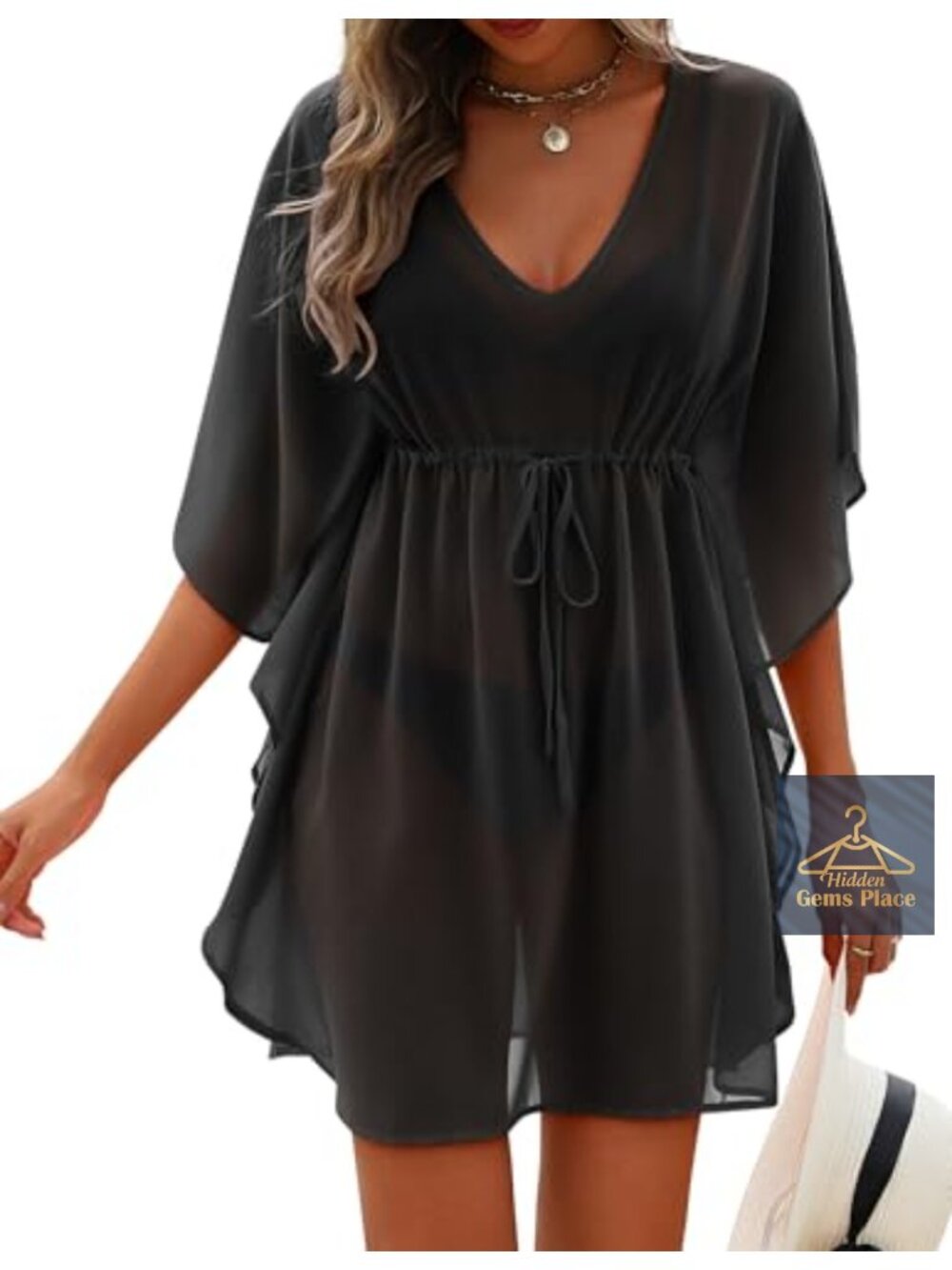 AI'MAGE Women's Sheer Chiffon Beach Swimsuit Cover-Up Mini Dress 3/4 Sleeve